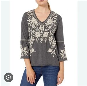 Johnny Was Gray Adele Jersey Embroiderd Top